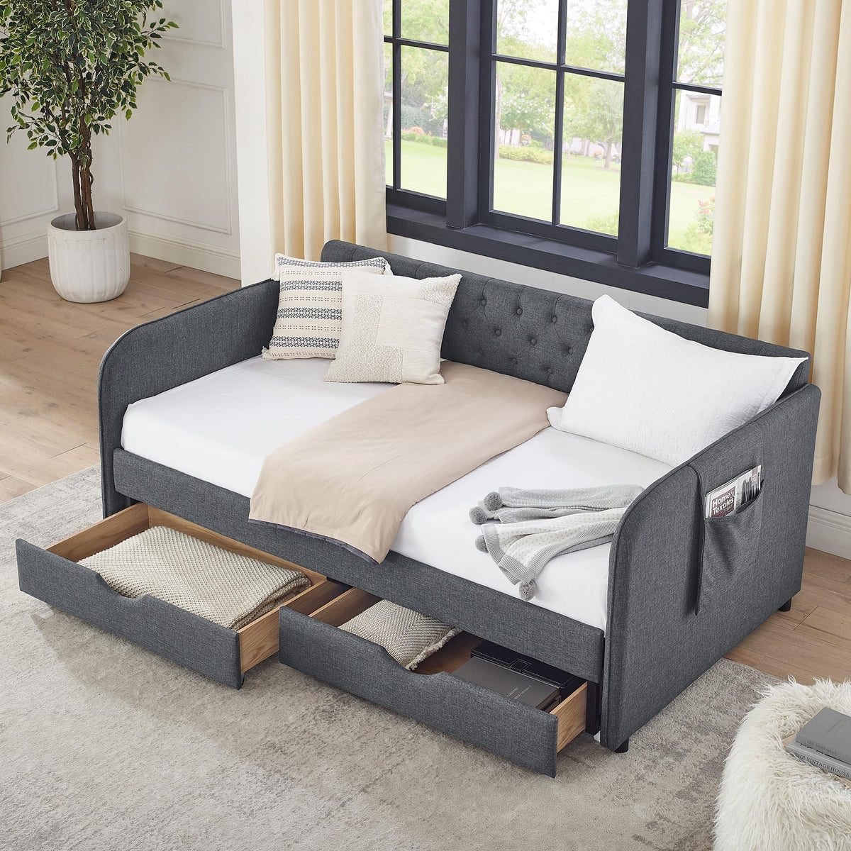 Versatile Daybed with Pull-Out Trundle, Textured Fabric Upholstery
