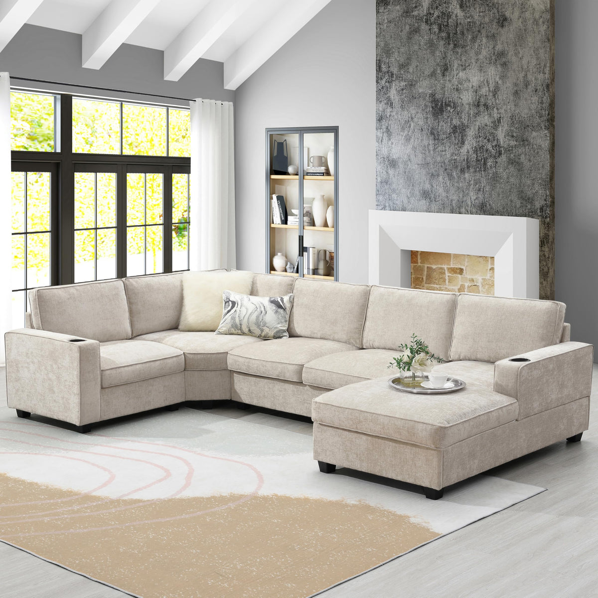 119*67" U Shaped Sectional Sofa,6 Seat Chenille Corner Couch Set with Oversized Chaise Lounge,Irregular Corner, Deep and Wide Seat Comfy Sofa with Cup Holders for Living Room,Apartment (Beige-V33)