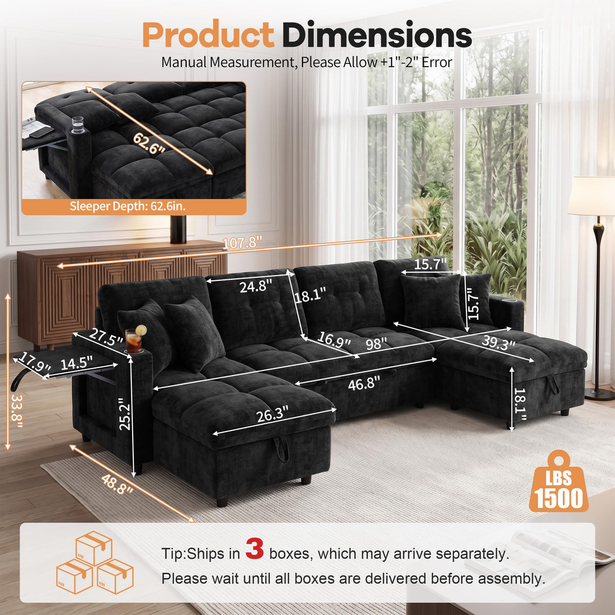 108”Pull Out Sofa Bed, U Shaped Sleeper Sofa for Living Room, Black