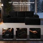 114" L Shaped Cloud Couches with Chaise,Right Facing Modular Sectional Sofa,Glitter Fabric Couch with Deep Seats for Living Room,Bedroom and Apartment,No Assembly Required,Black