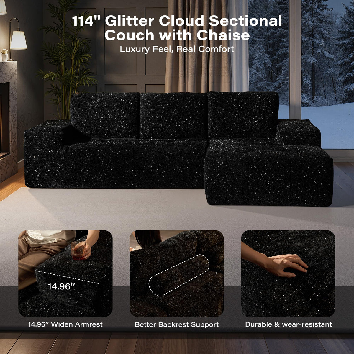 114" L Shaped Cloud Couches with Chaise,Right Facing Modular Sectional Sofa,Glitter Fabric Couch with Deep Seats for Living Room,Bedroom and Apartment,No Assembly Required,Black