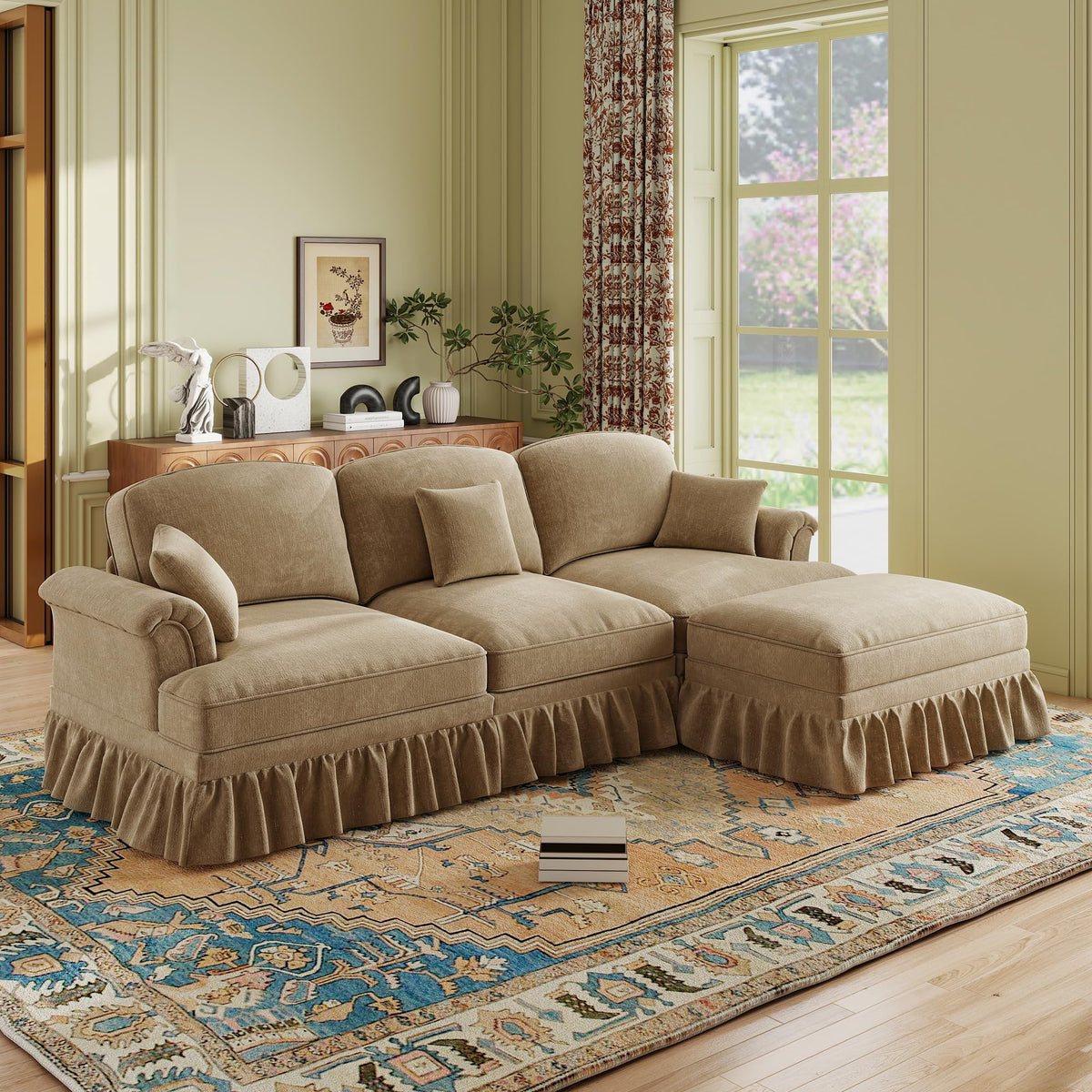 107'' Modern Sectional Sofa, Upholstered U-Shaped Couch with Removable Ruffles Pleats Skirts, Silver Chenille Cloud Couch, Ottoman, Flared Arms, 4-Seat Couches for Living Room, Bedroom, Camel