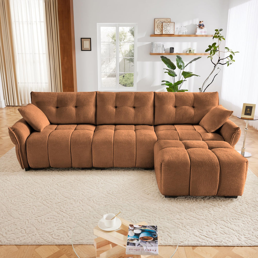 Three Seater Sofa Set with Ottoman and Pillows,Solid Wood, Textured Chenille, High Resilience Cushions, Ideal for Living, Lounge, Office, Hotel Spaces, in Burnt Orange