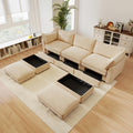 U Shaped 3 Seater deep seat Sofa with footstools Including 2 movablefootstoolsshapedarmrests,andwraparoundback and arm Cushions,with a Pull Out Storage Drawer Under Each seat Chenille Wheat