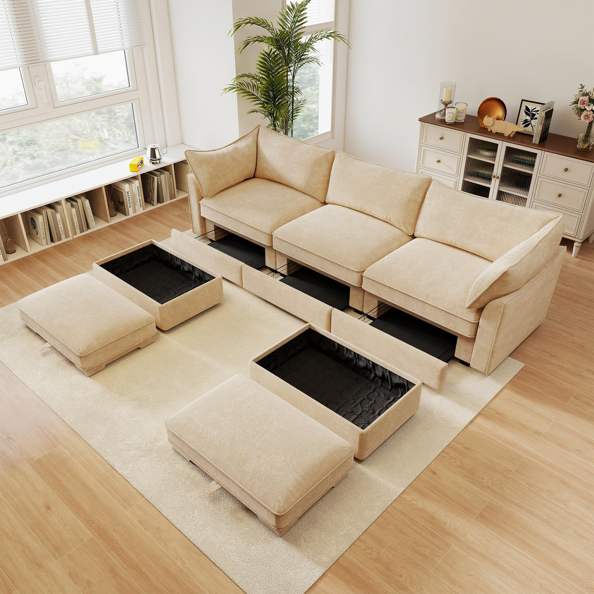 U Shaped 3 Seater deep seat Sofa with footstools Including 2 movablefootstoolsshapedarmrests,andwraparoundback and arm Cushions,with a Pull Out Storage Drawer Under Each seat Chenille Wheat
