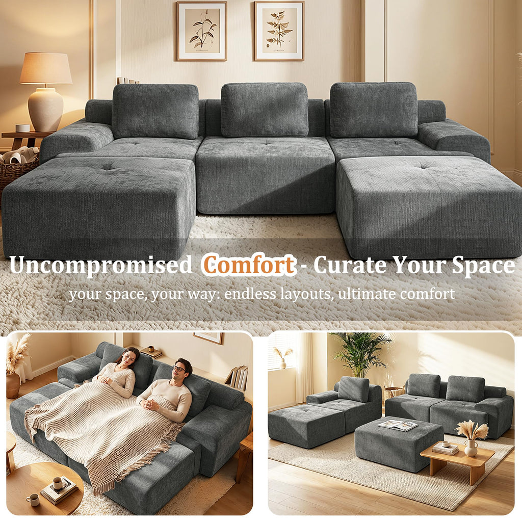 122" L-Shaped Modular Sectional Sofa, Oversized Boneless Cloud Couch for Living Room with Extra Deep Seat & High Back, Tool-Free No Assembly, Soft Chenille (Dark Grey, 122 inch-L Shaped（3+1）)