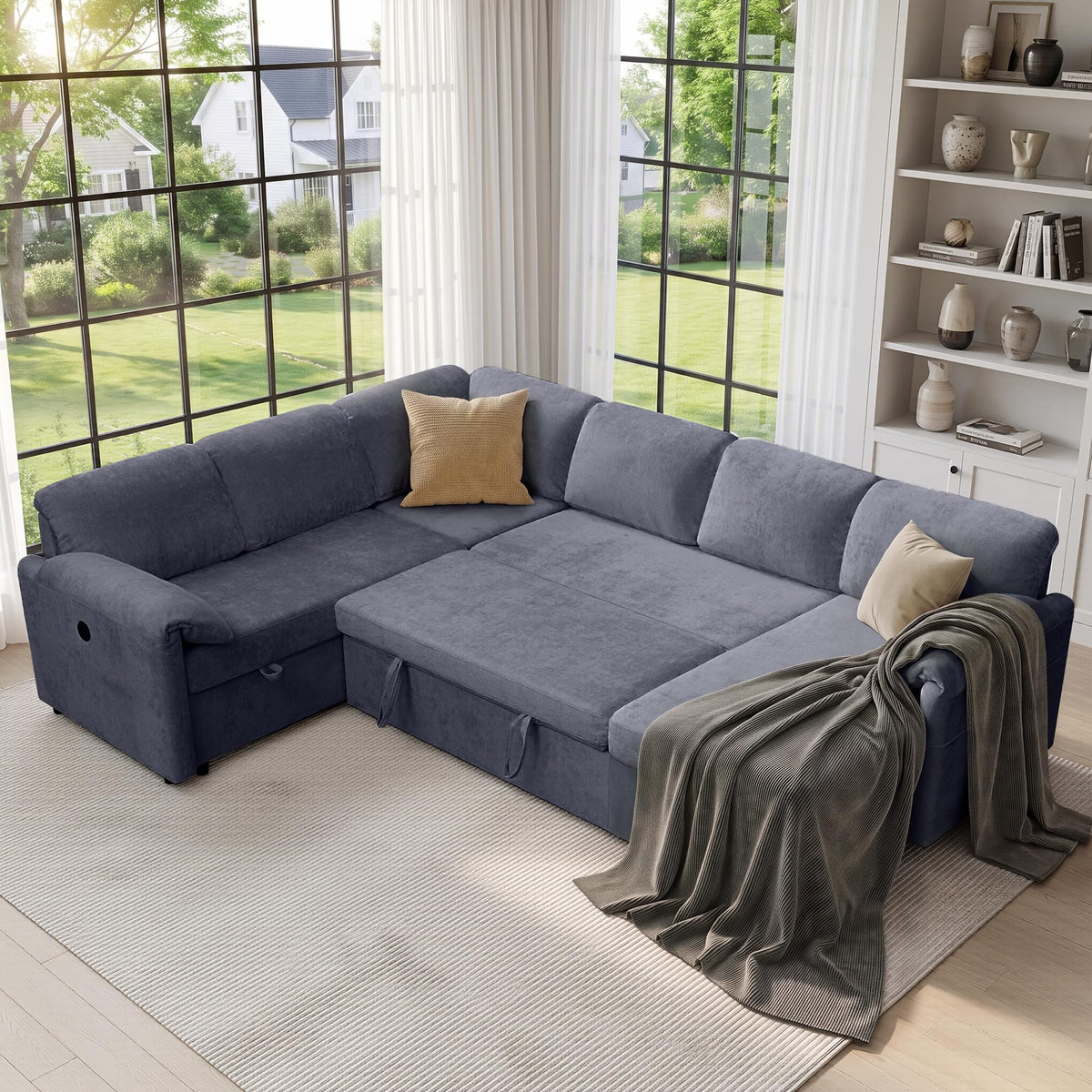 Tbfit 107" U-Shaped Sectional Sleeper Sofa, 7-Seat Sofa with USB & Storage Chaise for Family Rooms, Gray