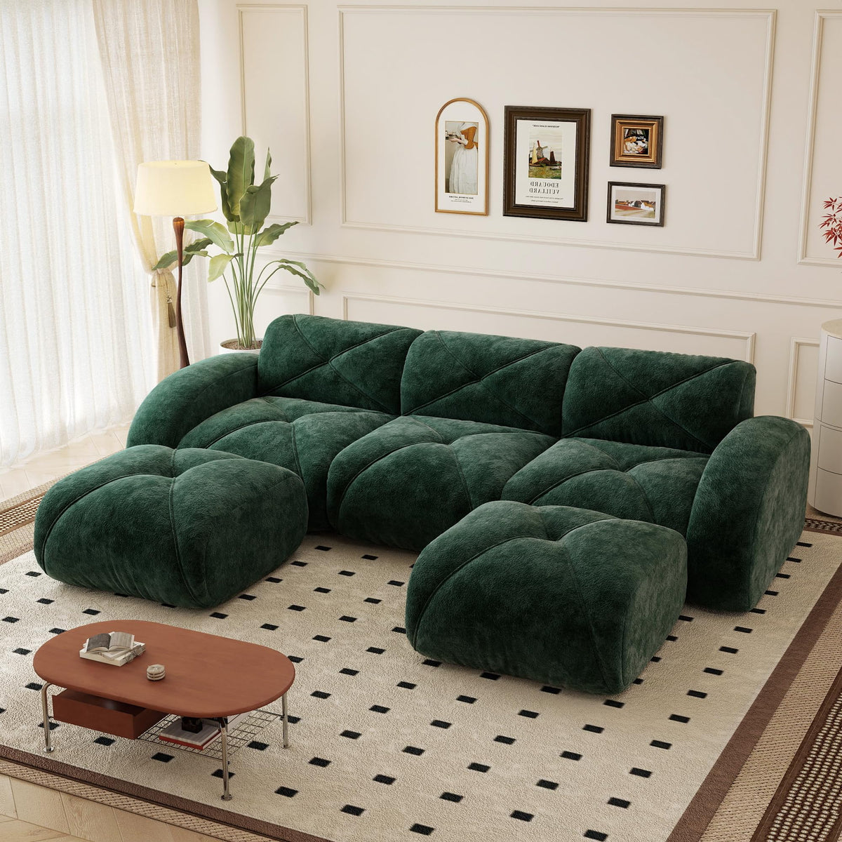 110.6" U Shaped Boneless Couch with Ottoman, Convertible Modular Sectional Cloud Sofa, Deep Seat 5 Seater Velvet Couch, 32D High Density Foam Sofas for Living Room, No Assembly Required, Camel