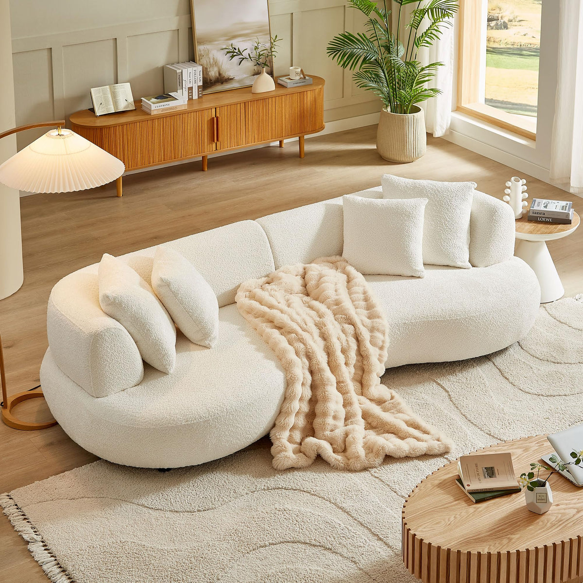 102.36" Cream White Curved Boucle Sofa, 4 Seater Deep Cloud Couch