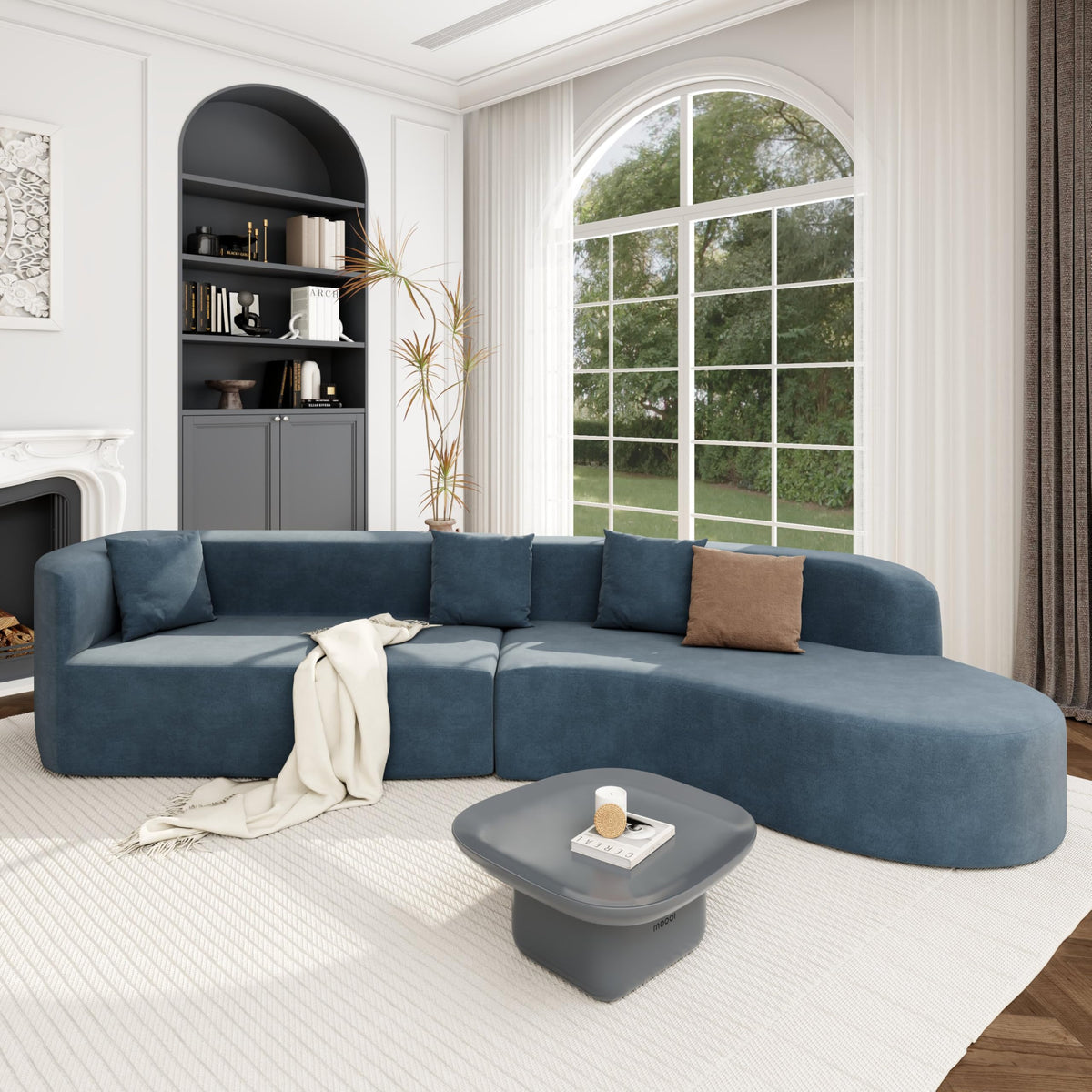 WILLIAMSPACE 126" Luxury Modern Style Curved Sofa, Upholstery Boucle Sofa Couch with 2 Pillows, Left Hand Facing Sectional Boucle Fabric Couch for Living Room (Left-Facing,Light Cream)
