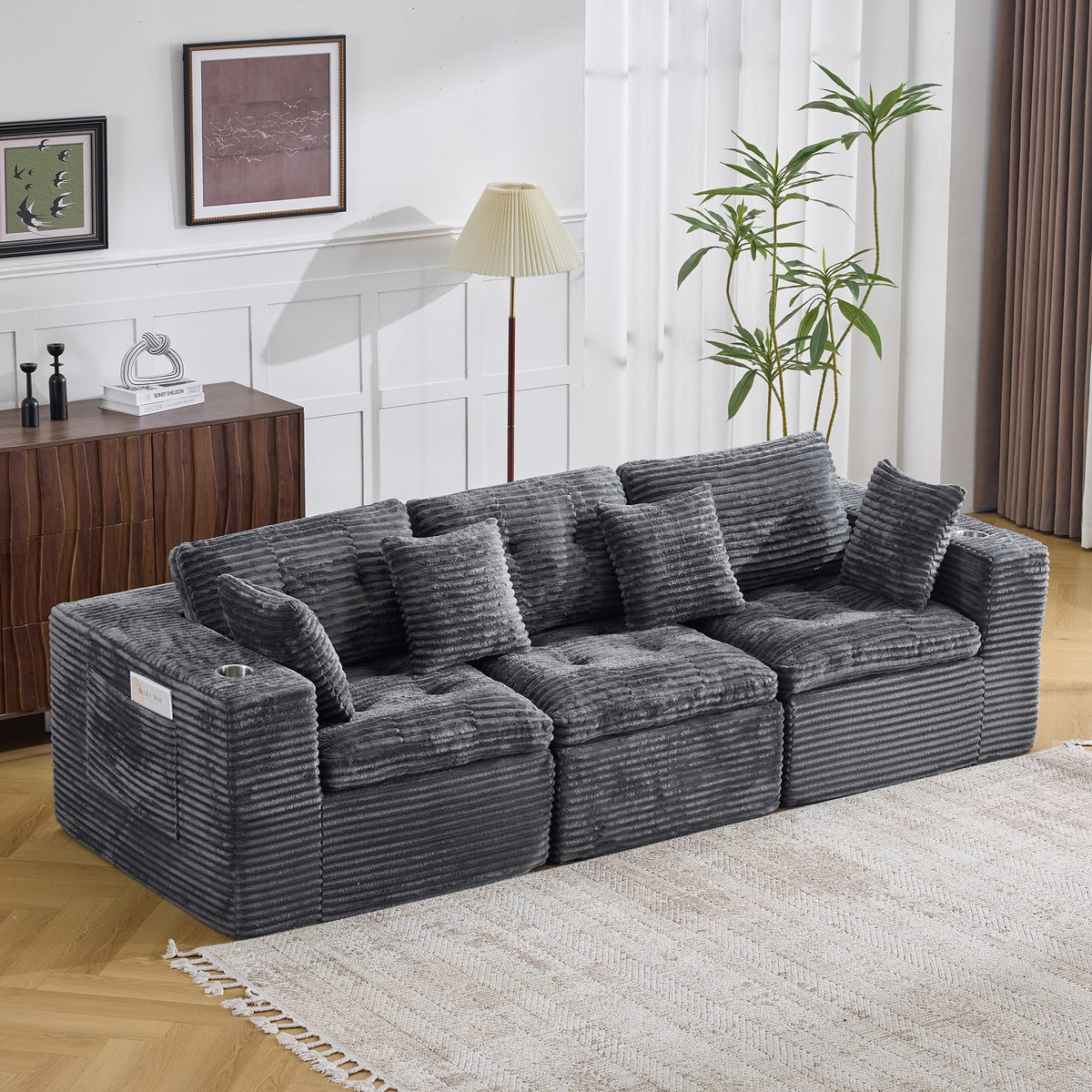 108.08" Boneless Sectional Couch, Modern U Shaped Modular Sectional Sofa Corduroy Upholstered for Living Room Oversized Deep Seat Cloud Couch with 2 Ottoman, No Assembly, Black