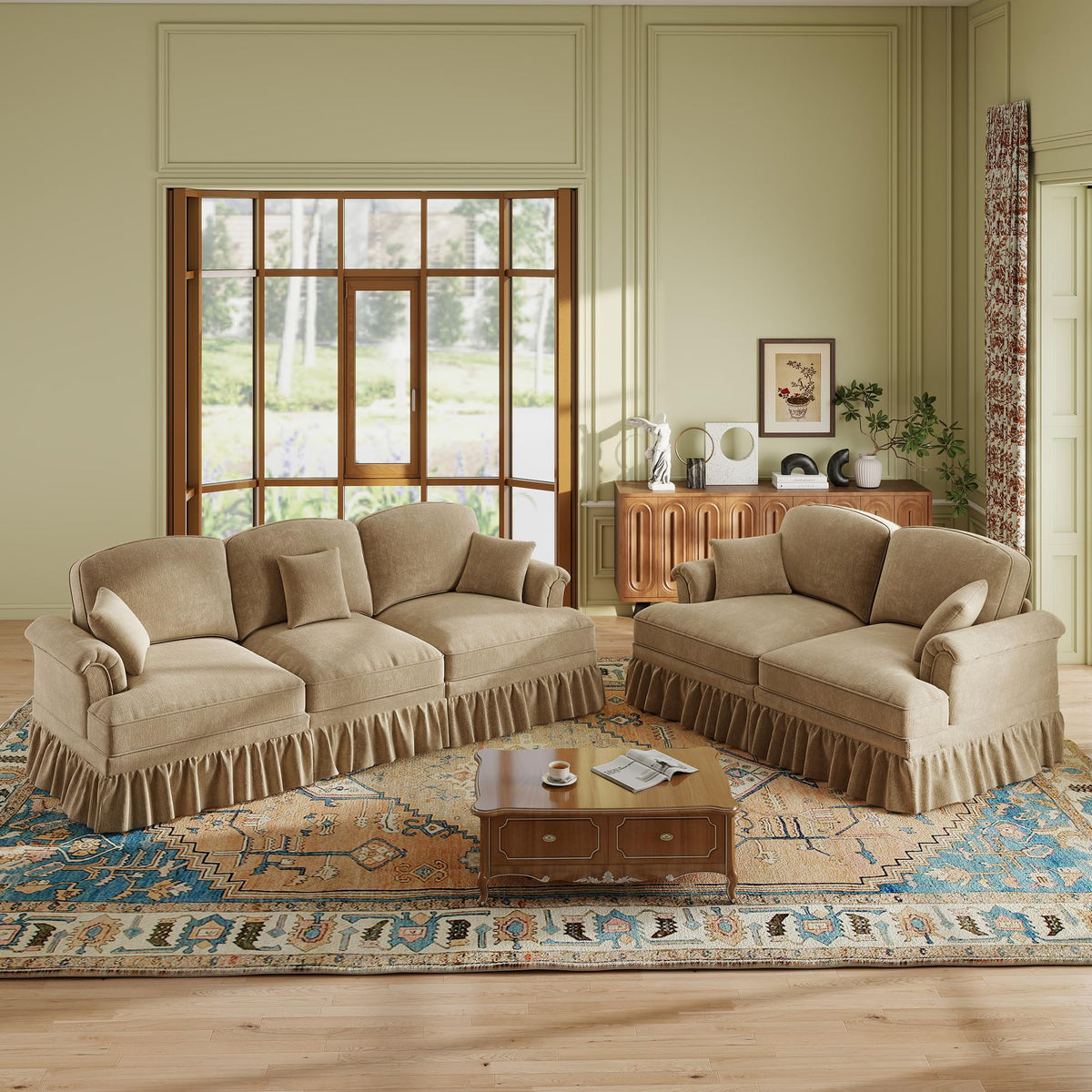 107'' Modern Sectional Sofa, Upholstered U-Shaped Couch with Removable Ruffles Pleats Skirts, Silver Chenille Cloud Couch, Ottoman, Flared Arms, 4-Seat Couches for Living Room, Bedroom, Camel