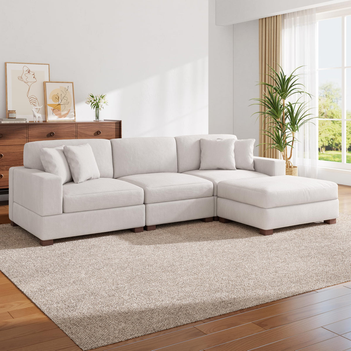 118.3" L-Shaped Modular Sectional Sofa with Chaise, Comfy Corduroy Fluffy Couch with Deep Seat, Flexible Module Combination for Living Room, Cotton Flannel Light Brown