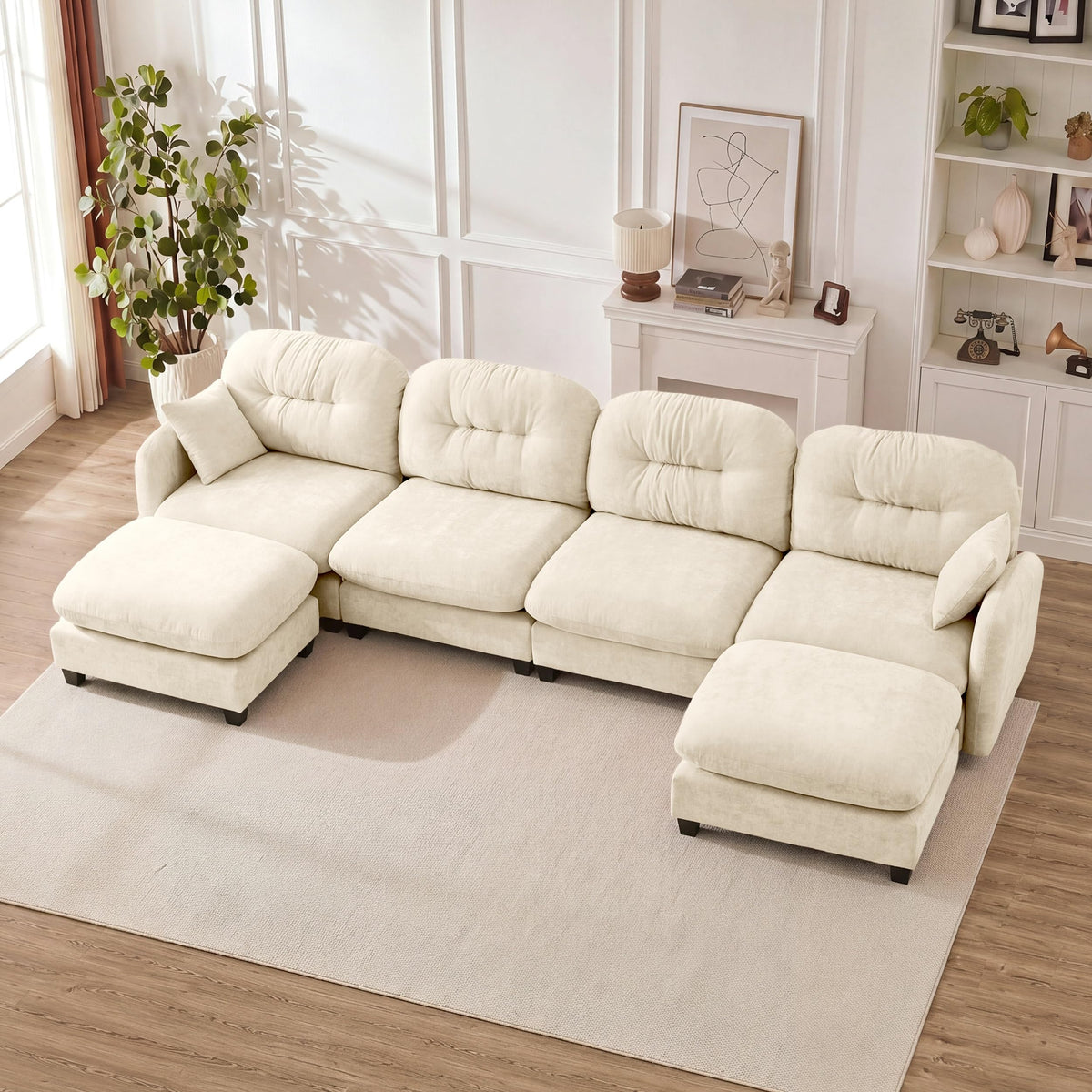 107" Modular Sectional Sofa with Ottoman Pink Chenille L Shaped Couch