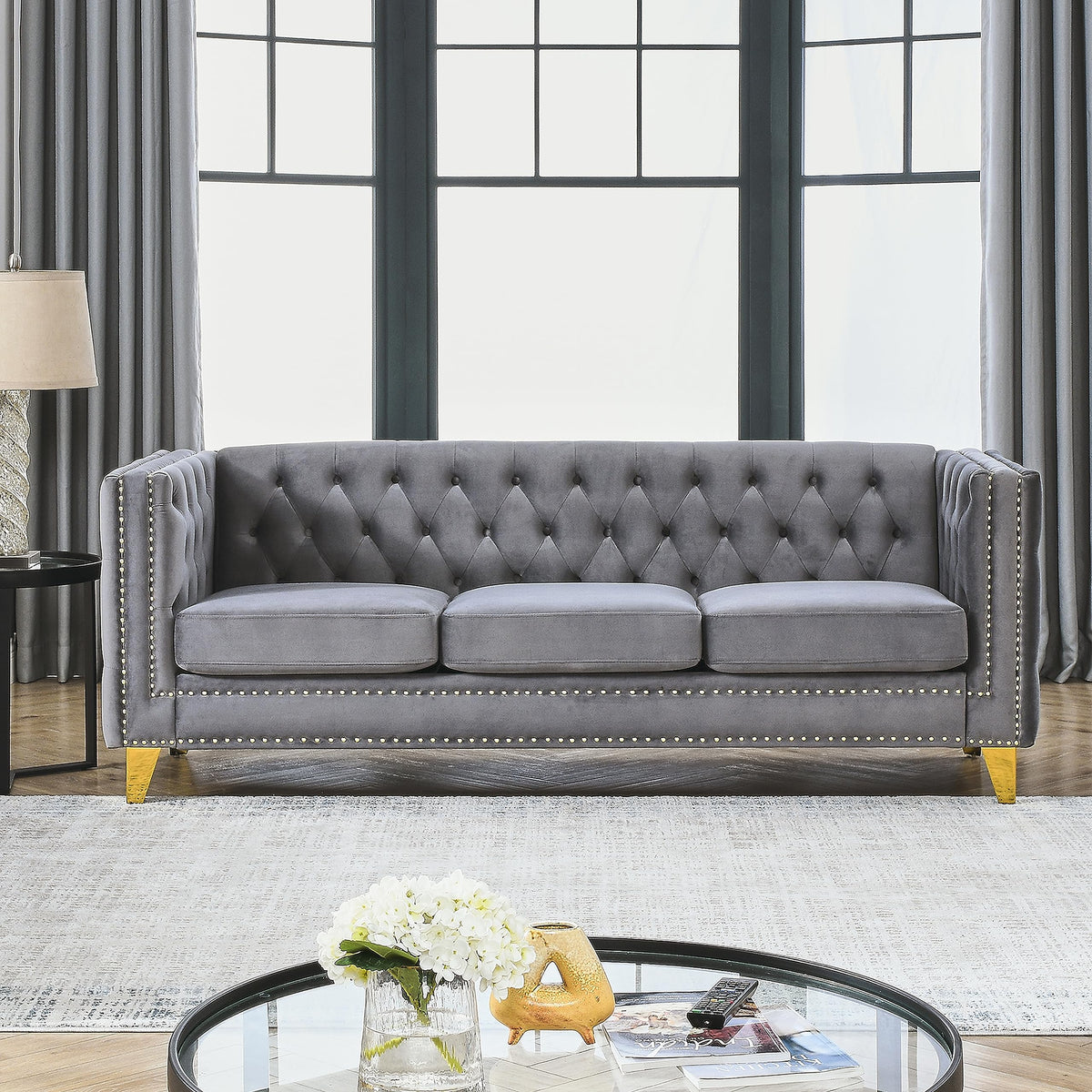 Velvet Sofa with Metal Legs, Modern Tufted Square Arm Couch in Grey, Upholstered Sofa for Living Room and Bedroom Decor