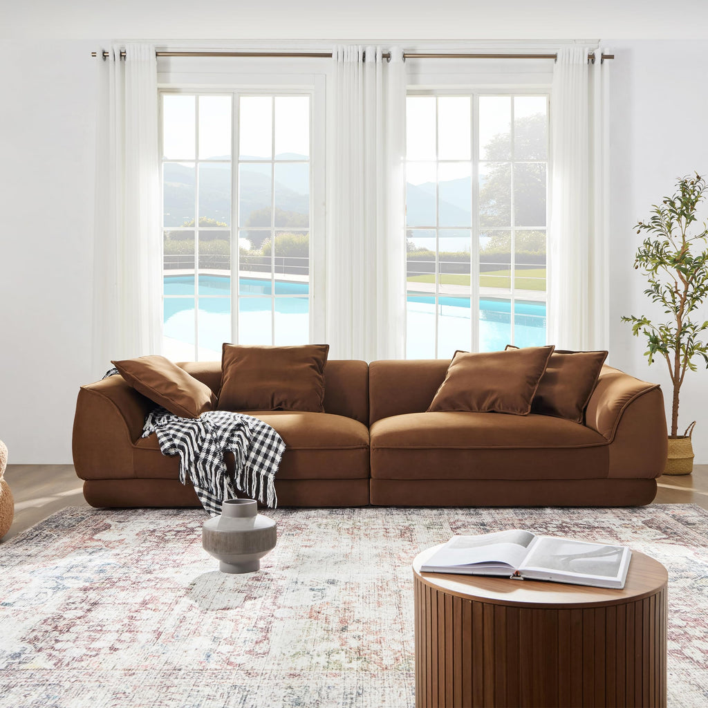 110" Modern Velvet Sofa, Cloud Modular Sectional Couch, Minimalist Deep Seat Upholstery Sofas, Oversized 3-Seater Luxury Memory Foam Fluffy Couches for Living Room Bedroom Home Office Apartment, Camel