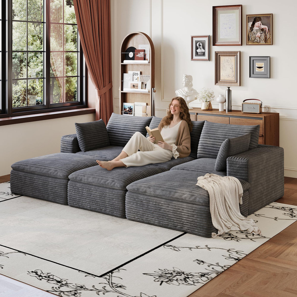 102" Oversized Boneless Modular Sectional Sofa Cloud Couch with 3 Ottomans Convertible Sleeper Sofa Bed for Living Room - No Assembly Floor Compression Sofa with Memory Foam and Deep Seat