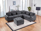 Trey Gray Chenille Sectional Sofa with Adjustable Backrest, Charging Ports, Side Pockets, Tufted Storage Ottoman, and Pillows