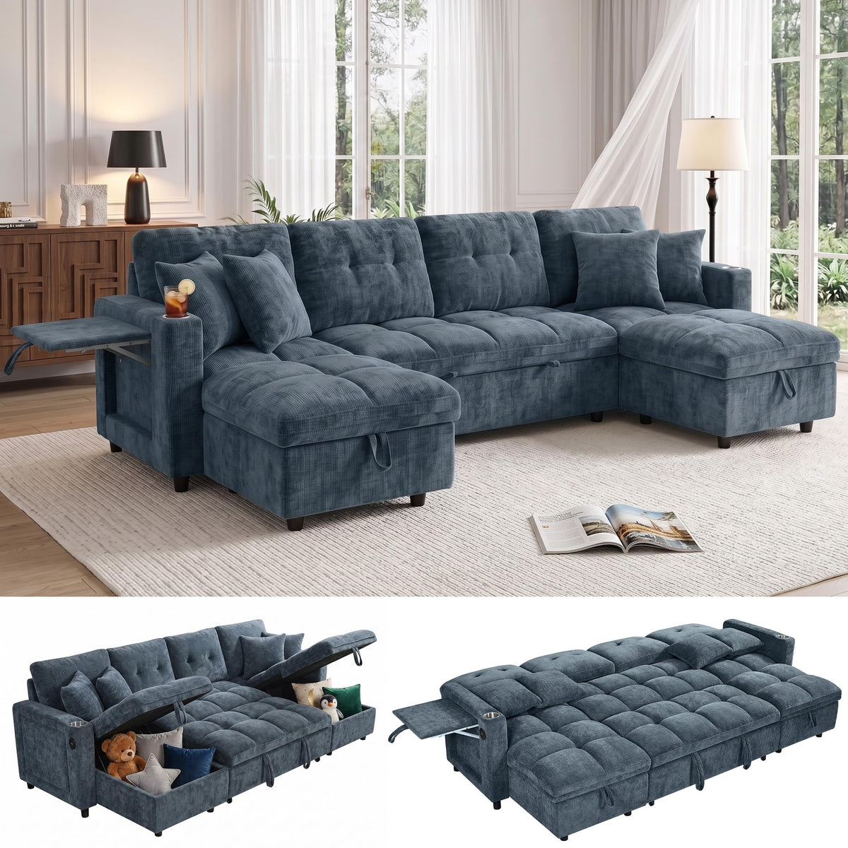 108”Pull Out Sofa Bed, U Shaped Sleeper Sofa for Living Room, Black