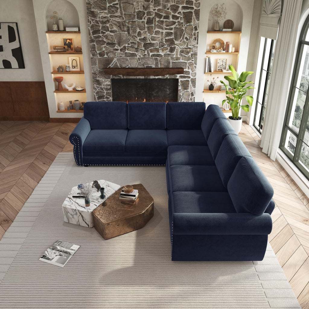 118" Oversized Sleeper Sofa with Pull Out Bed, Chenille L Shaped Convertible Sectional Sleeper Couch with Nailhead Trim & Rolled Arm, 6-Seater Couches for Living Room, Blue