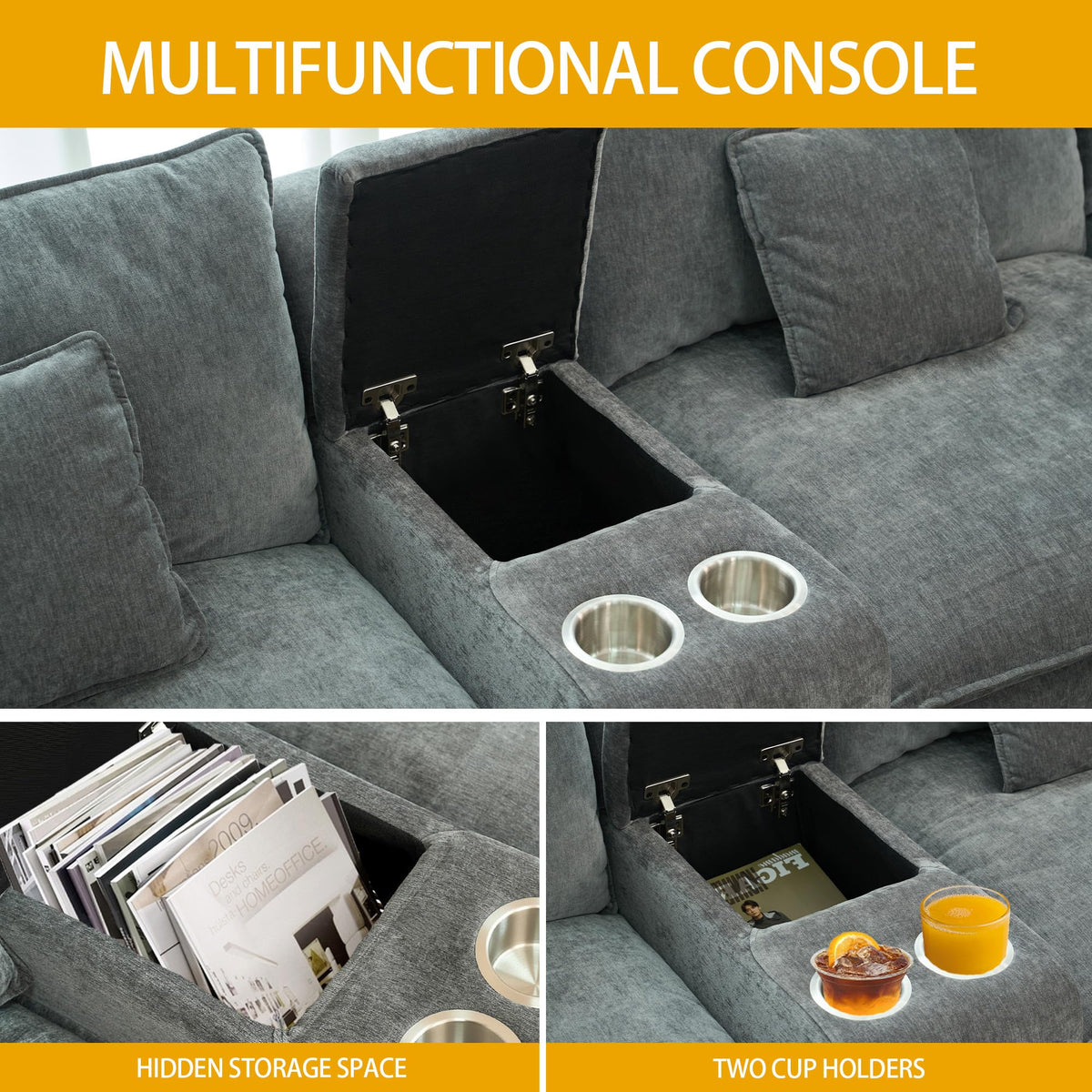 U Shaped Sectional Cloud Couch for Living Room,144" Comfy Fluffy Modular Sofa with Movable Ottoman Chenille 6 Seat Sectional Sofa Set with Storage Box, Cup Holders, Grey YP434