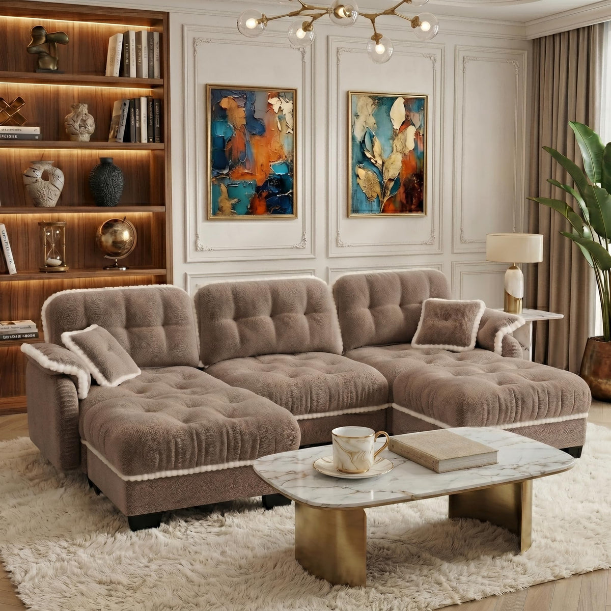 100.7" Chenille Cloud 3-Seater Sofa, Tufted Deep Seat Couch with Pom-Pom Trim & 4 Pillows, Ergonomic Easy Assembly Modular Sofa for Living Room & Apartment（Green ）