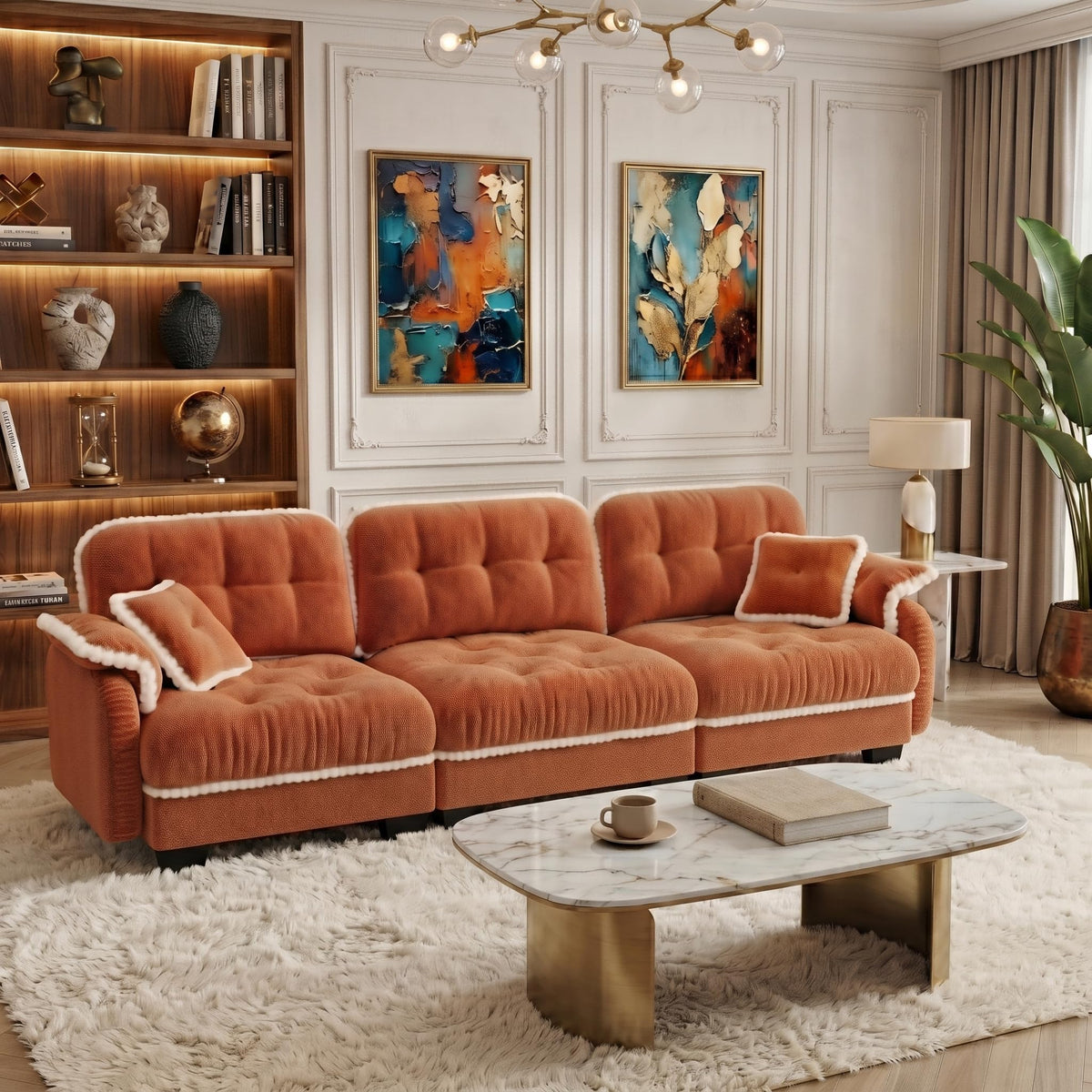 100.7" Chenille Cloud 3-Seater Sofa, Tufted Deep Seat Couch with Pom-Pom Trim & 4 Pillows, Ergonomic Easy Assembly Modular Sofa for Living Room & Apartment（Green ）