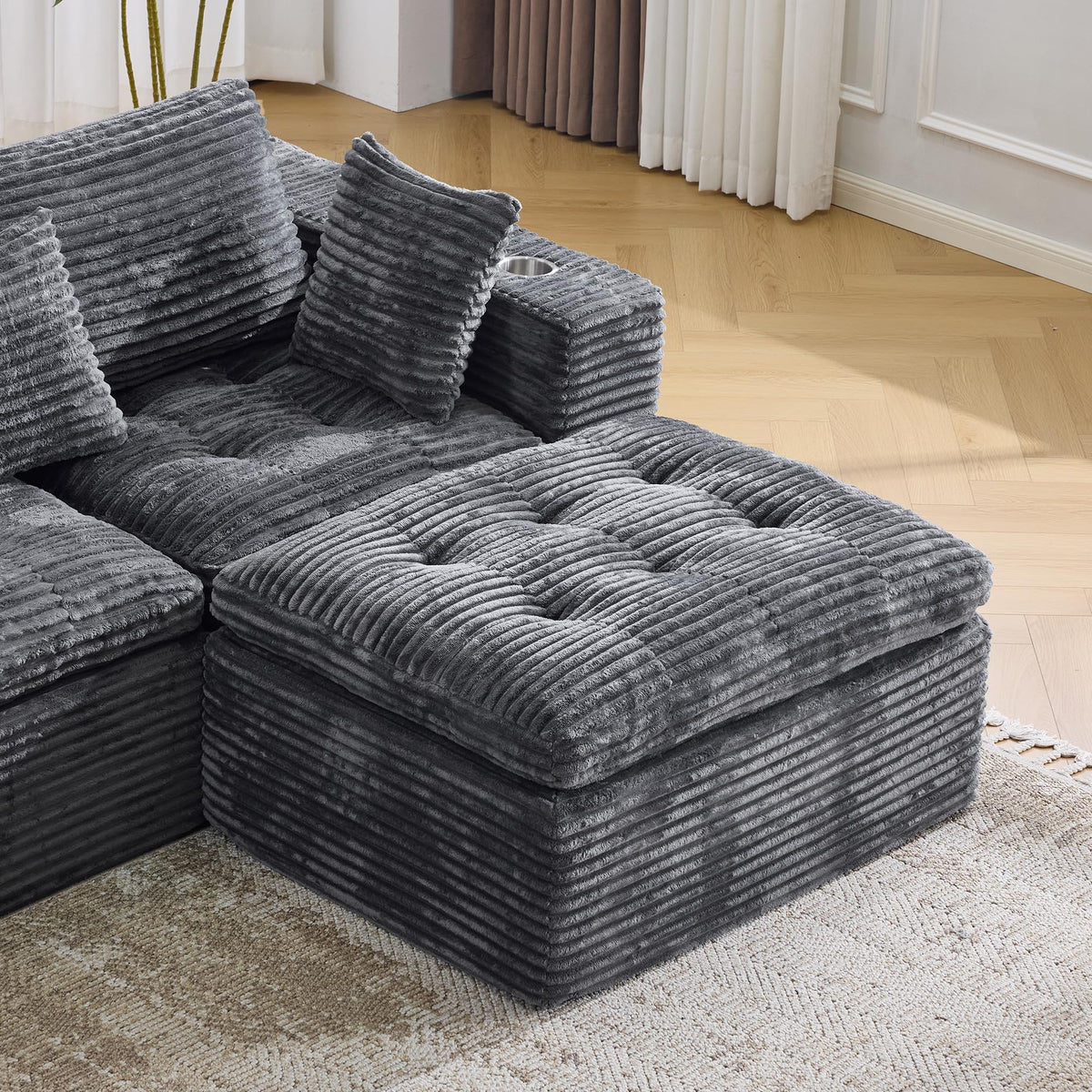 108.08" Boneless Sectional Couch, Modern U Shaped Modular Sectional Sofa Corduroy Upholstered for Living Room Oversized Deep Seat Cloud Couch with 2 Ottoman, No Assembly, Black