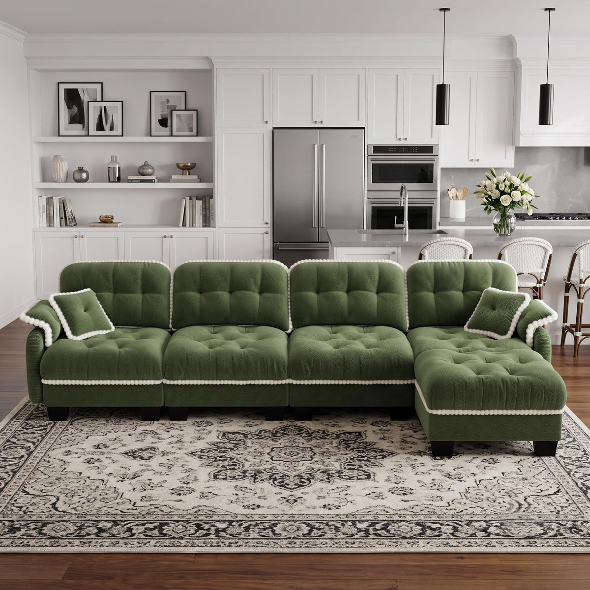 100.7" Chenille Cloud 3-Seater Sofa, Tufted Deep Seat Couch with Pom-Pom Trim & 4 Pillows, Ergonomic Easy Assembly Modular Sofa for Living Room & Apartment（Green ）