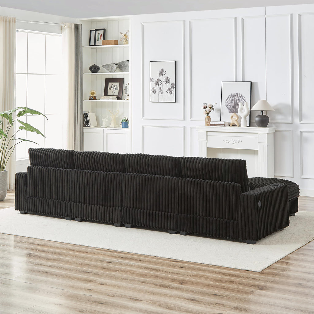 126 inch Corduroy with Cup Holder Super Large L Shaped Sofa, Movable Footrest, Four Waist Pillows and Four Back Cushion, with USB Port and Type C Port AH915