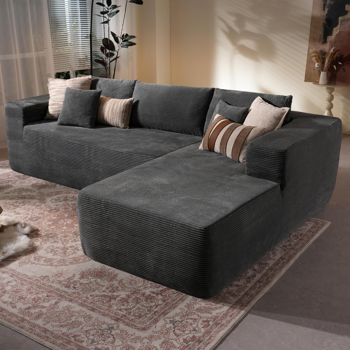 106" Cloud Sectional Couch with L-Shape Chaise & Ottoman, No Assembly Modular Sofa, Deep Seat Plush Corduroy Boneless Couched for Living Room (Black Plush Corduroy, L Shape with Ottoman-Left Facing)