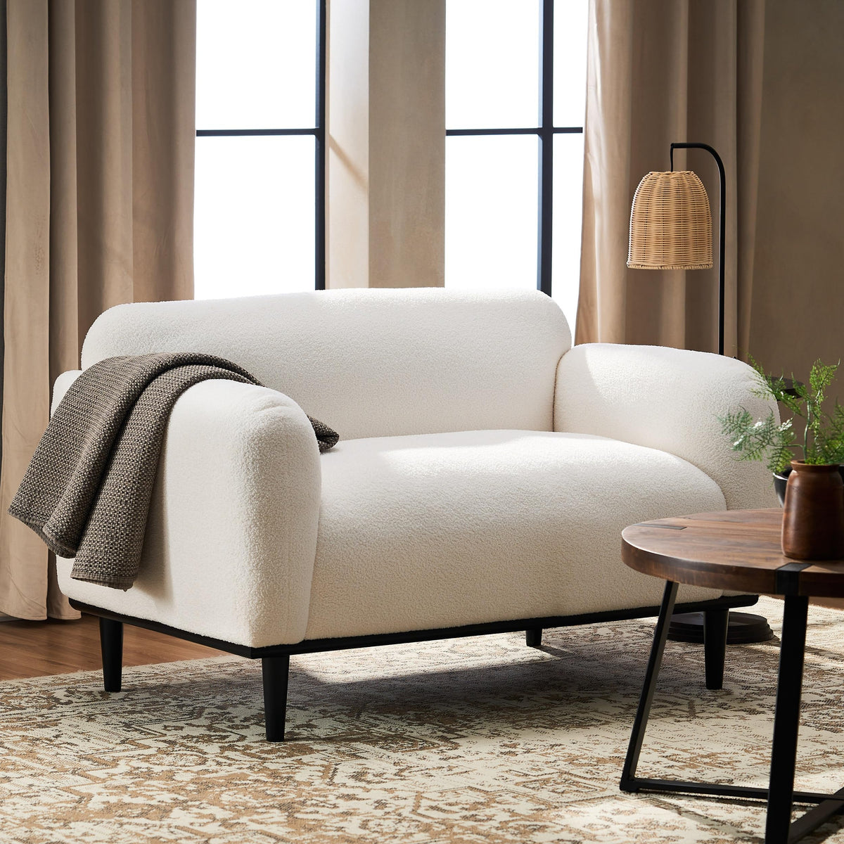 Vintage Loveseat Sofa 50 Inch Boucle Upholstered White Couch Black Legs