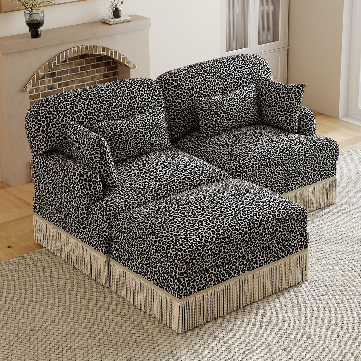 100" Leopard Print Chenille Modular Sectional Sofa with Tassels, L-Shaped Deep Seat Cloud Couch with Ottomans for Living Room, BGE-KHK