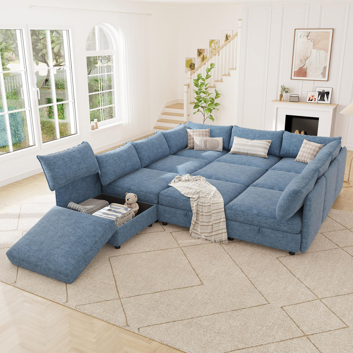 125" Chenille Modular Sectional Sofa Bed Hidden Storage, Convertible L U Shaped Sleeper Couch, 8 Seat Modern Modular Sectional Sofa with Removable Covers & Ottoman Chaise, for Living Room, Beige