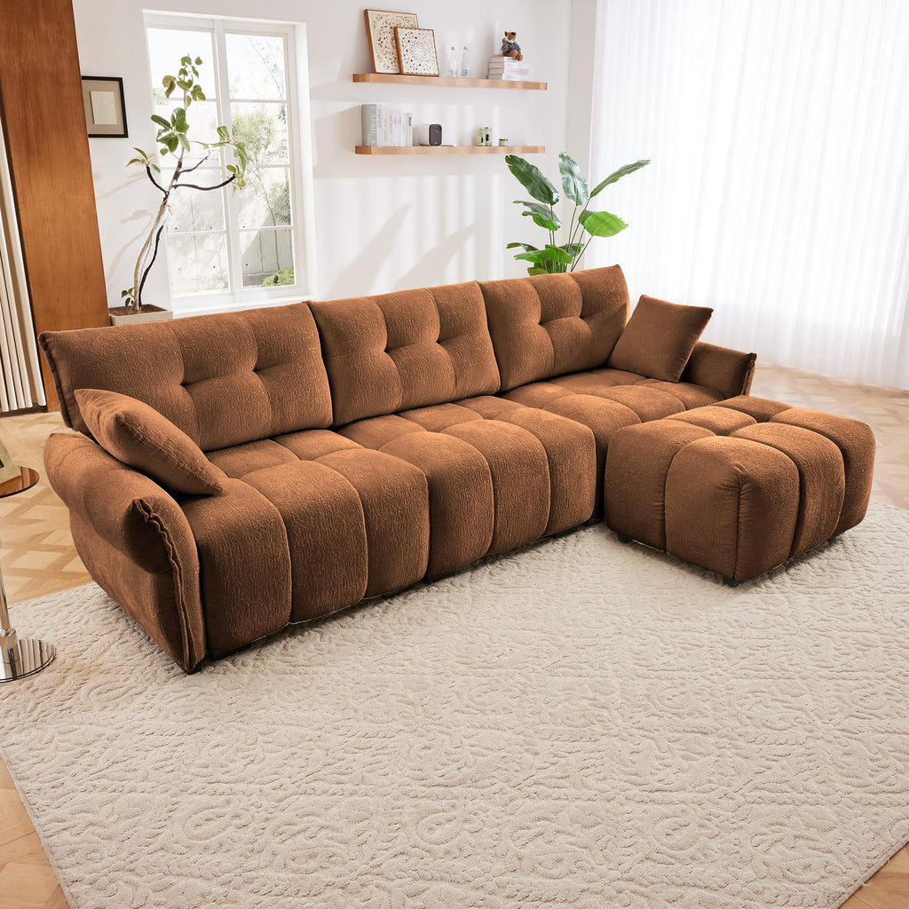 Three Seater Sofa Set with Ottoman and Pillows,Solid Wood, Textured Chenille, High Resilience Cushions, Ideal for Living, Lounge, Office, Hotel Spaces, in Burnt Orange