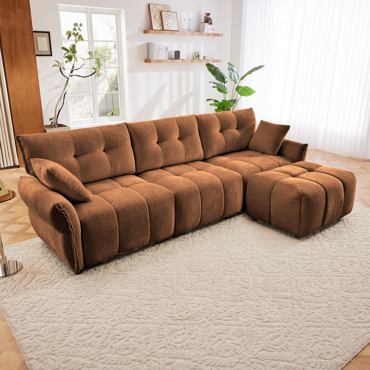 Three Seater Sofa Set with Ottoman and Pillows,Solid Wood, Textured Chenille, High Resilience Cushions, Ideal for Living, Lounge, Office, Hotel Spaces, in Burnt Orange