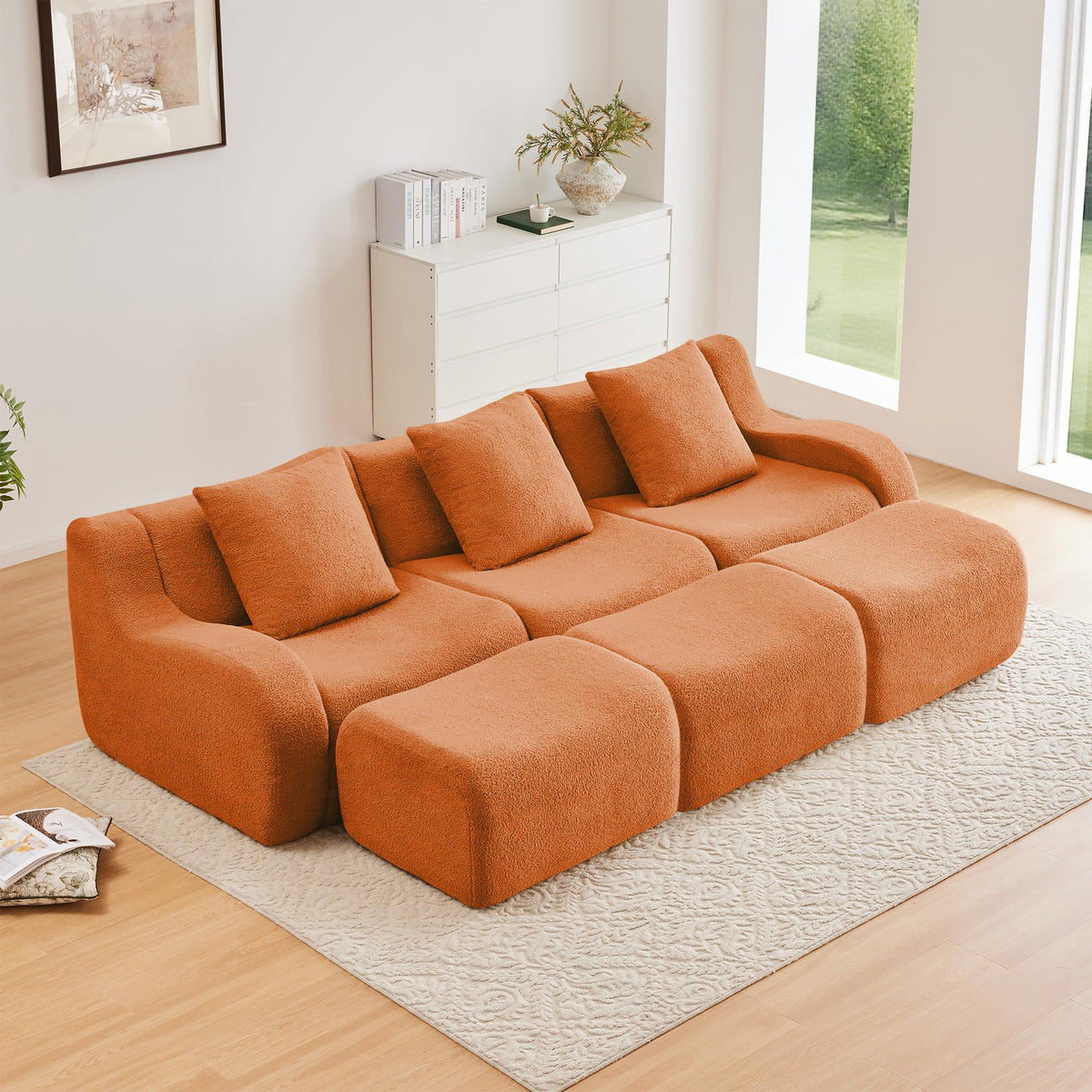 Three Seat Boneless Sofa Fabric,No Assembly Required Curved armrest Anti Slip Ergonomic Design, Assembly Chaise 32D High Density Sponge Living Rooms Media Rooms,Orange ES326