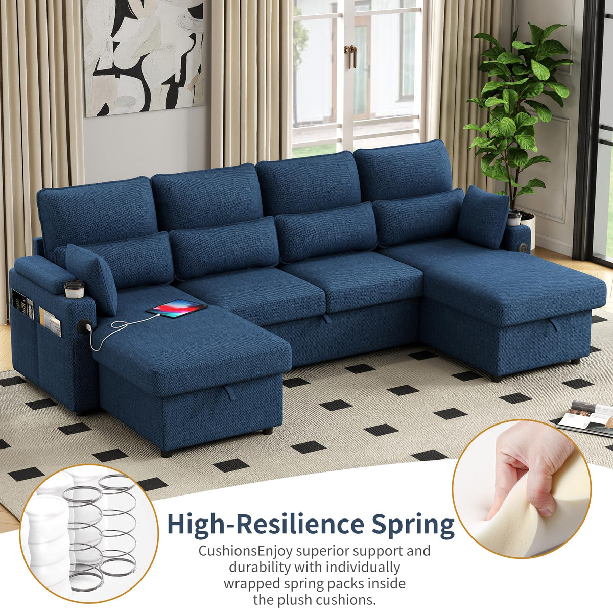 104.7" Sleeper Sofa Bed with Pull Out Bed, U-Shaped Sectional Couch with Storage Chaise, USB & Type-C Charging Ports, Cup Holders, Convertible Sofa for Living Room Apartment (Blue-4-seat, 104.7")