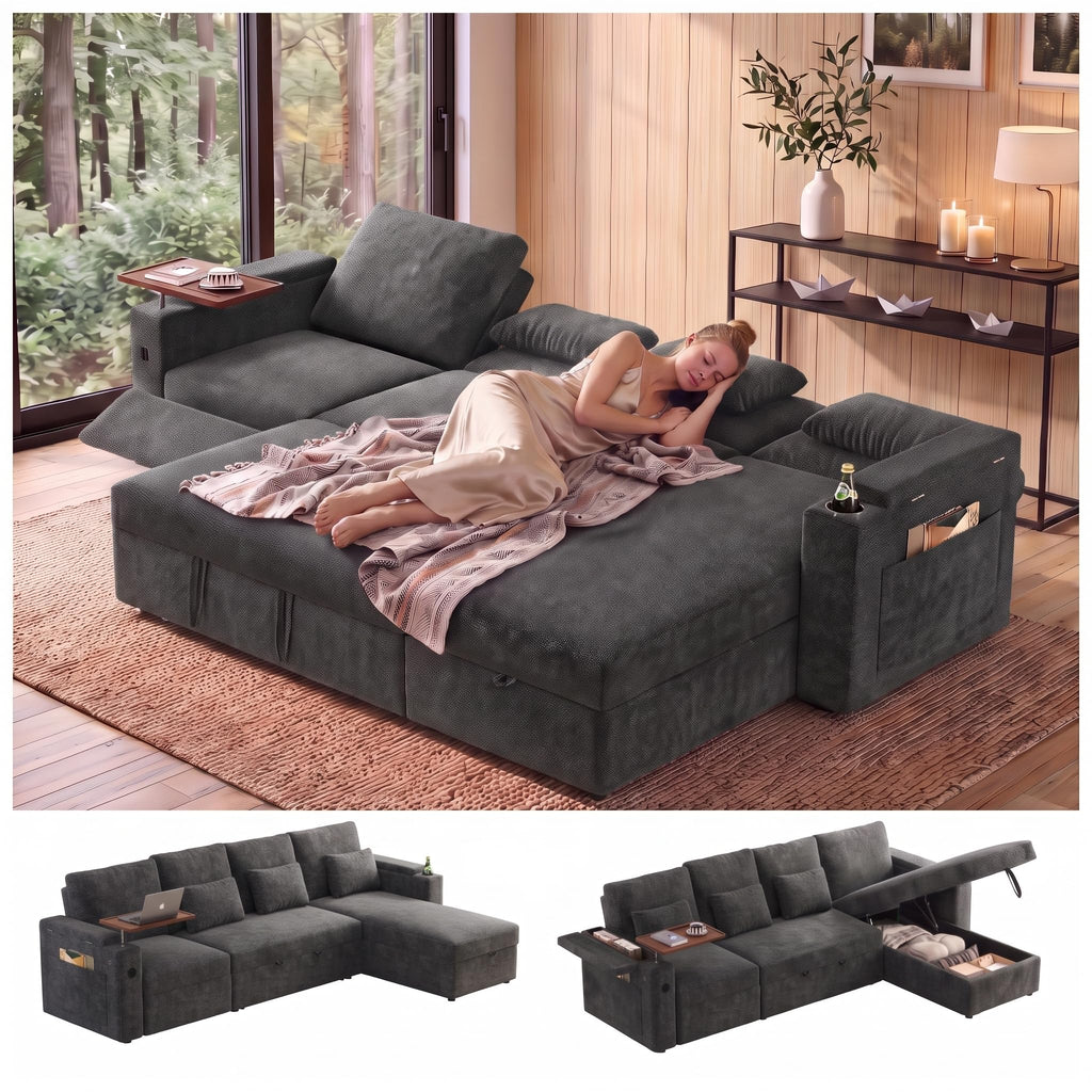 108" L Shaped Sleeper Sofa Bed,3 in 1 Pull Out Chenille Convertible Sectional Couch With Storage&Reclining Backrest For Living Room With USB|Type-C Port|Foldable Table|Cup Holder|Side Pocket,Khaki