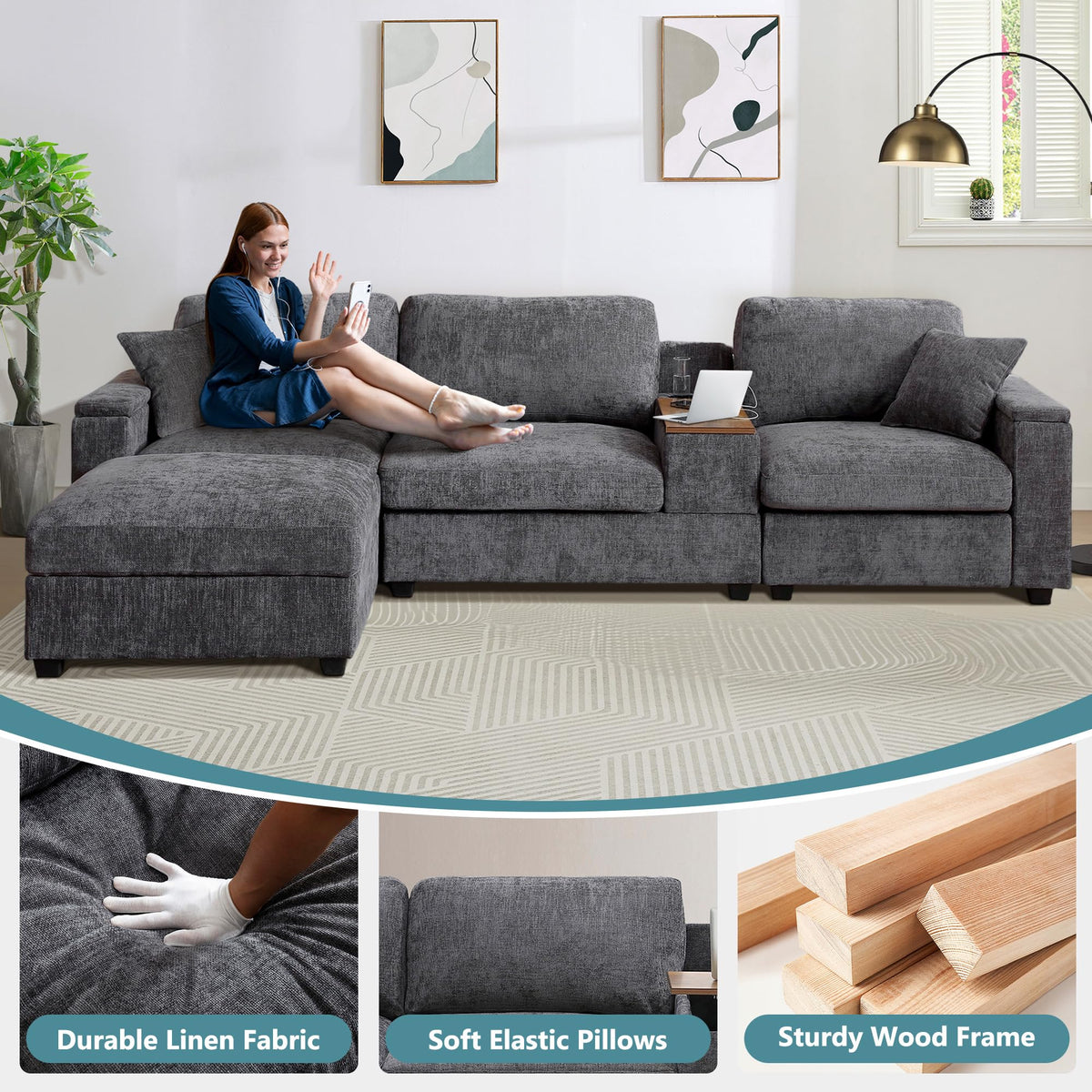 120.3" L-Shaped Sectional Sofa with Storage Ottoman, Oversized Comfy Couch with USB Port, Side Storage, Cup Holder & 360°Swivel Drop-Down Table, Sectional Couches for Living Room (Gray, 120.3")