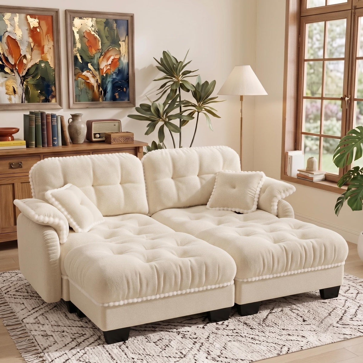 100.7" Chenille Cloud 3-Seater Sofa, Tufted Deep Seat Couch with Pom-Pom Trim & 4 Pillows, Ergonomic Easy Assembly Modular Sofa for Living Room & Apartment（Green ）
