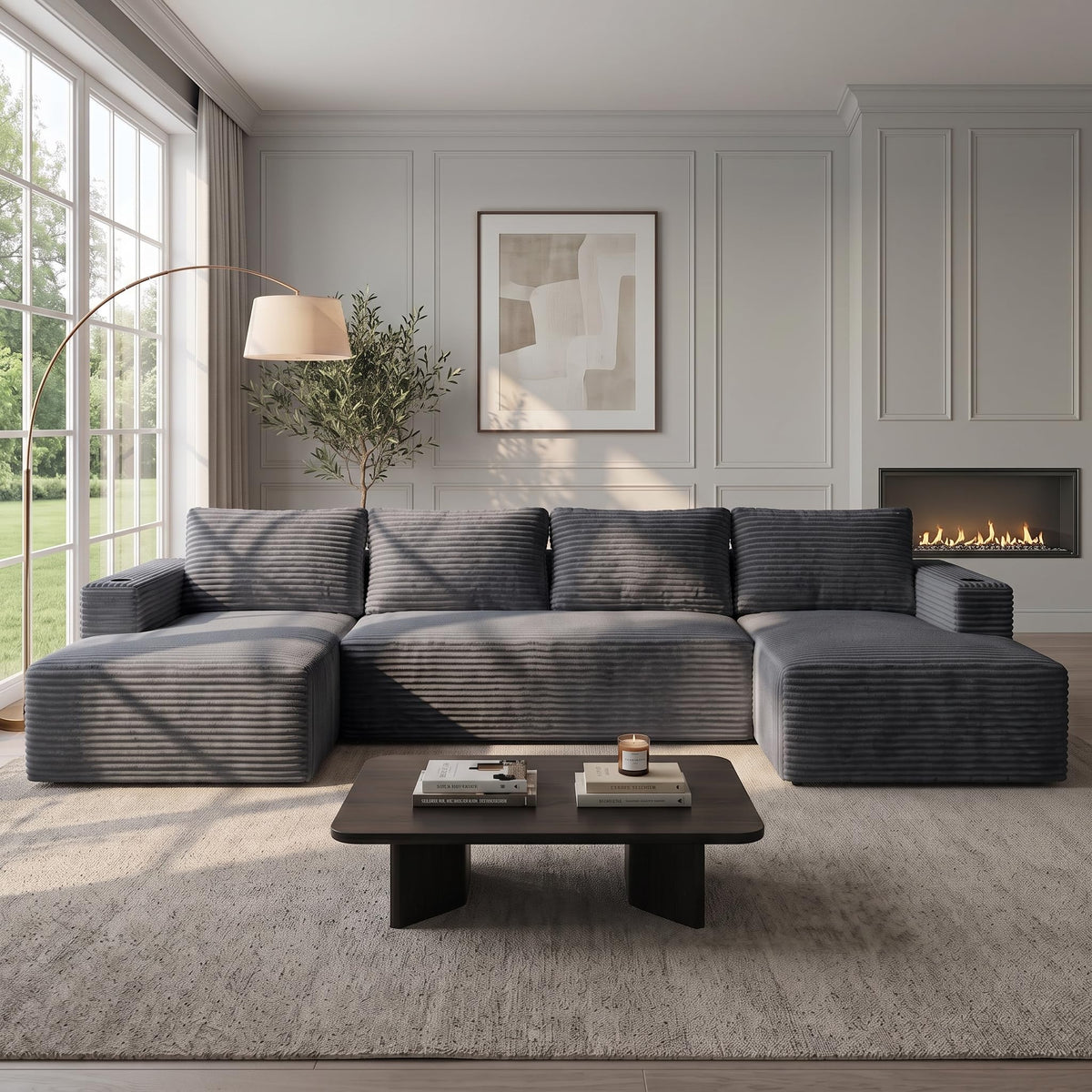 132 Inch Oversized Modular Sectional Sofa for Living Room, U-Shaped Cloud Boneless Couches with Cup Holder & Side Pockets, Comfy Corduroy Deep Seat Sofa, No Assembly Required, Gray