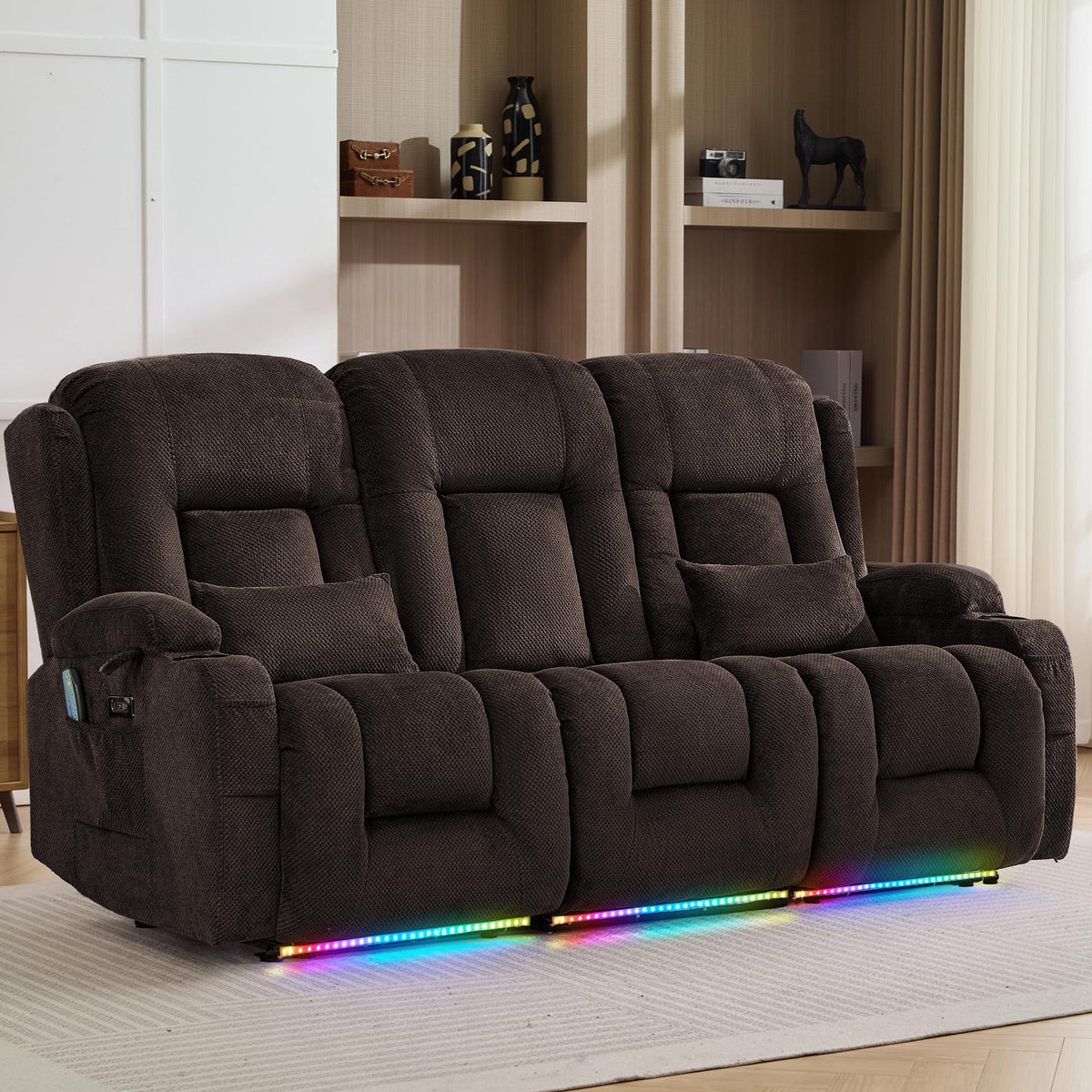 TUNYI Wall Hugger Loveseat Recliner Sofa with Console, Power Reclining Loveseat RV Couch with Massage & Heat/USB/Outlet/Storage/LED Light/Speaker (Blue, 2 Seat with Console)