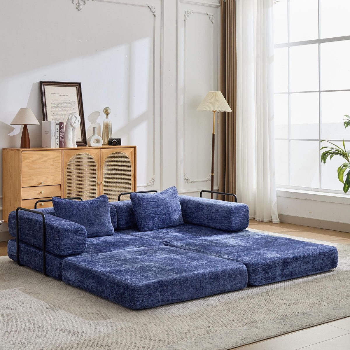 Tidyard Compression Sofa Bed, Convertible Floor Sofa with Fixed Frame, No Assembly Needed, Chenille Fabric Modular Loveseat, Dark Blue for Living Room & Bedroom