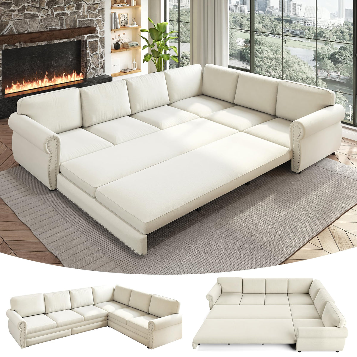 118" Oversized Sleeper Sofa with Pull Out Bed, Chenille L Shaped Convertible Sectional Sleeper Couch with Nailhead Trim & Rolled Arm, 6-Seater Couches for Living Room, Blue