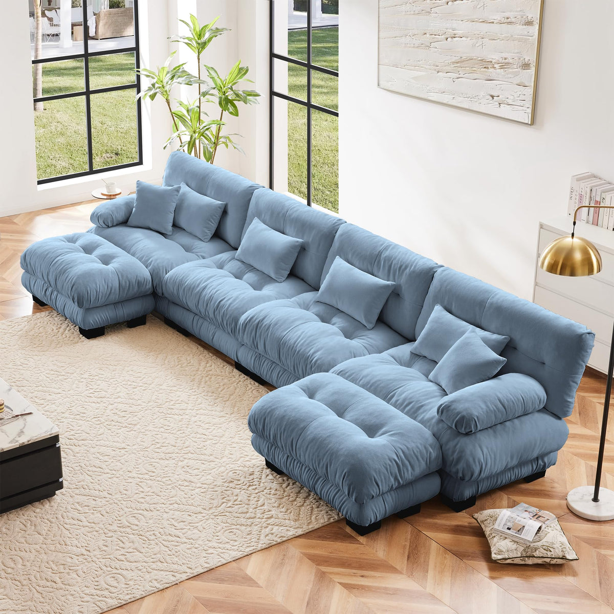 130" Modular Sectional Sofa,Velvet Upholstered Couches for Living Room,3 Seater Green Sofa Couch with Movable Ottoman,Big Comfy Loveseat Sofa with Deep Seats for Living Room,Apartment,Bedroom