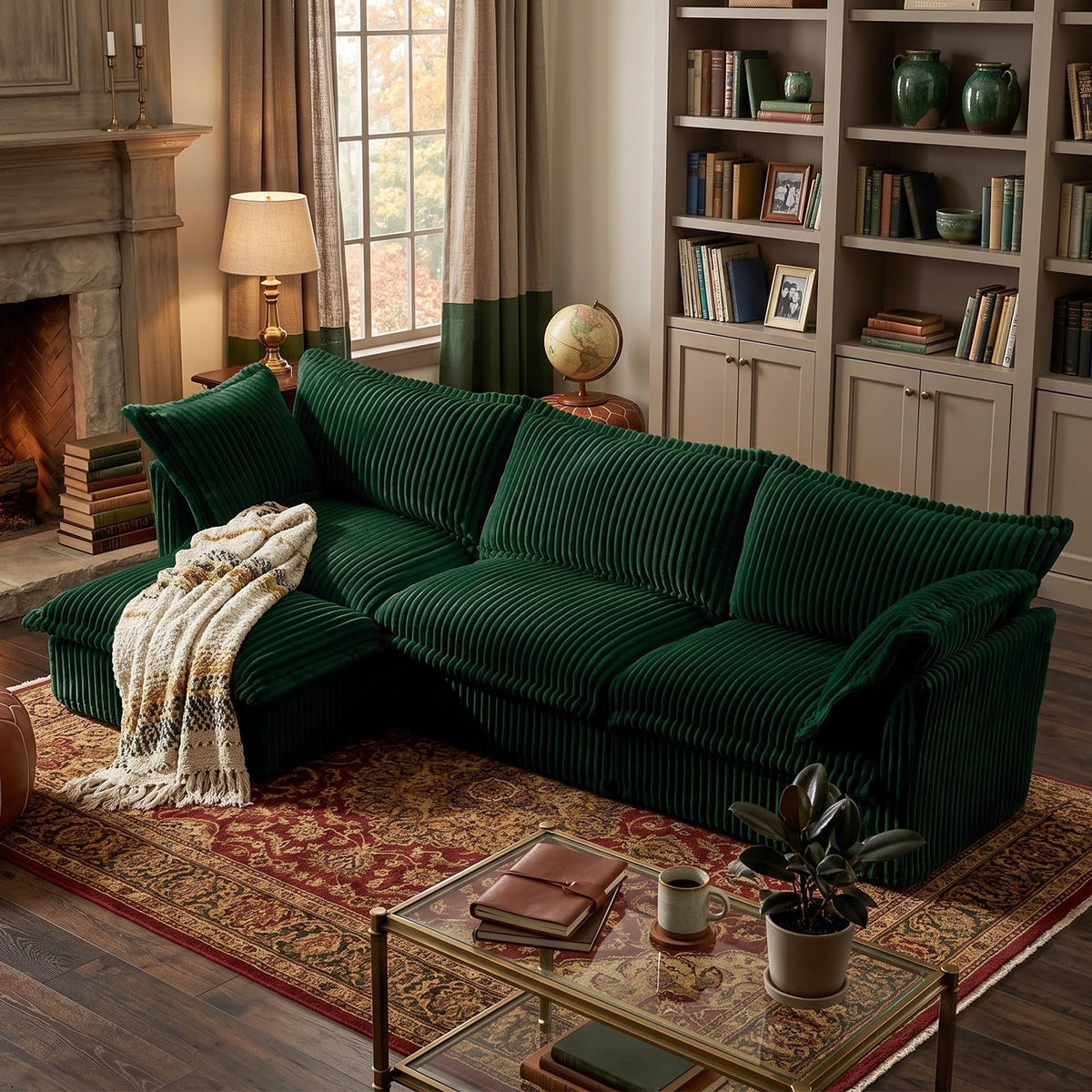 120" Corduroy Sectional Sofa with Ottoman, 3-Seater, Green