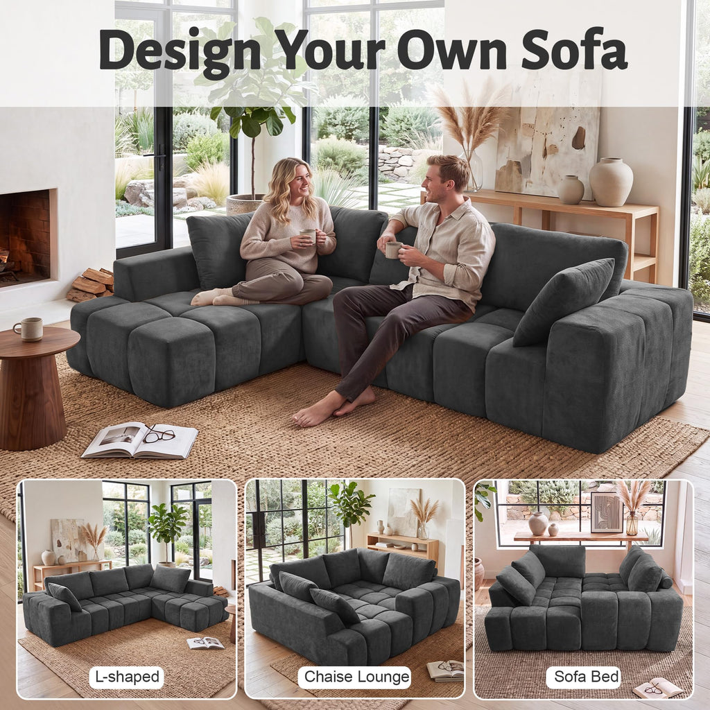 116" Modular Boneless Couch for Living Room, Modern Sectional Chenille Sofa with Oversized Deep Seat,Cloud Couch with L-Shape Chaise,No Assembly Required,Gray