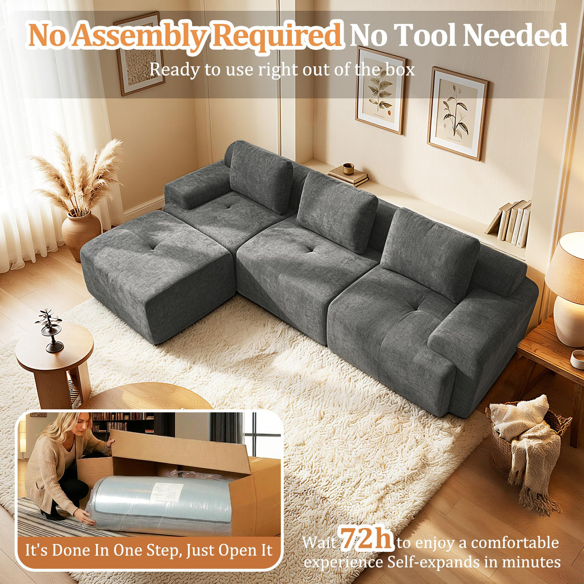 122" L-Shaped Modular Sectional Sofa, Oversized Boneless Cloud Couch for Living Room with Extra Deep Seat & High Back, Tool-Free No Assembly, Soft Chenille (Dark Grey, 122 inch-L Shaped（3+1）)