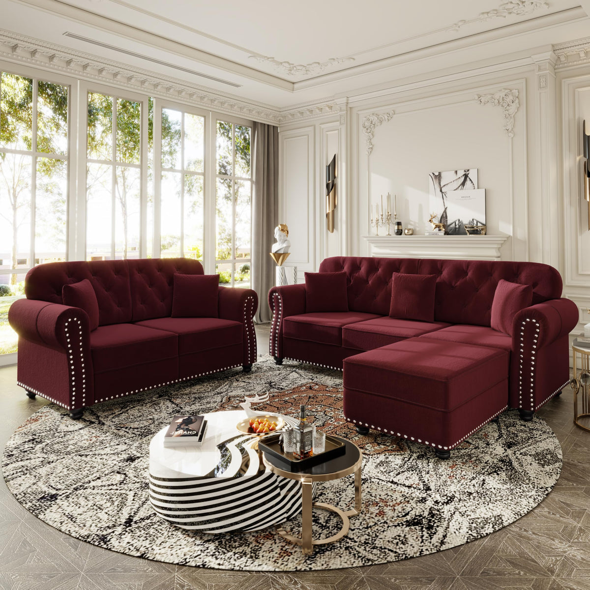 Velvet Chesterfield Sofa with Rolled Arms & Nailhead Trim, Modular Sectional Sofa Couches, Modern Cloud Sofa with Button Tufted, for Living Room, Bedroom, Small Space